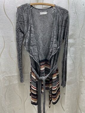 Cream Cardigan Womens Small Gray Striped Tie Waist Pointelle Knit Boho Excellent